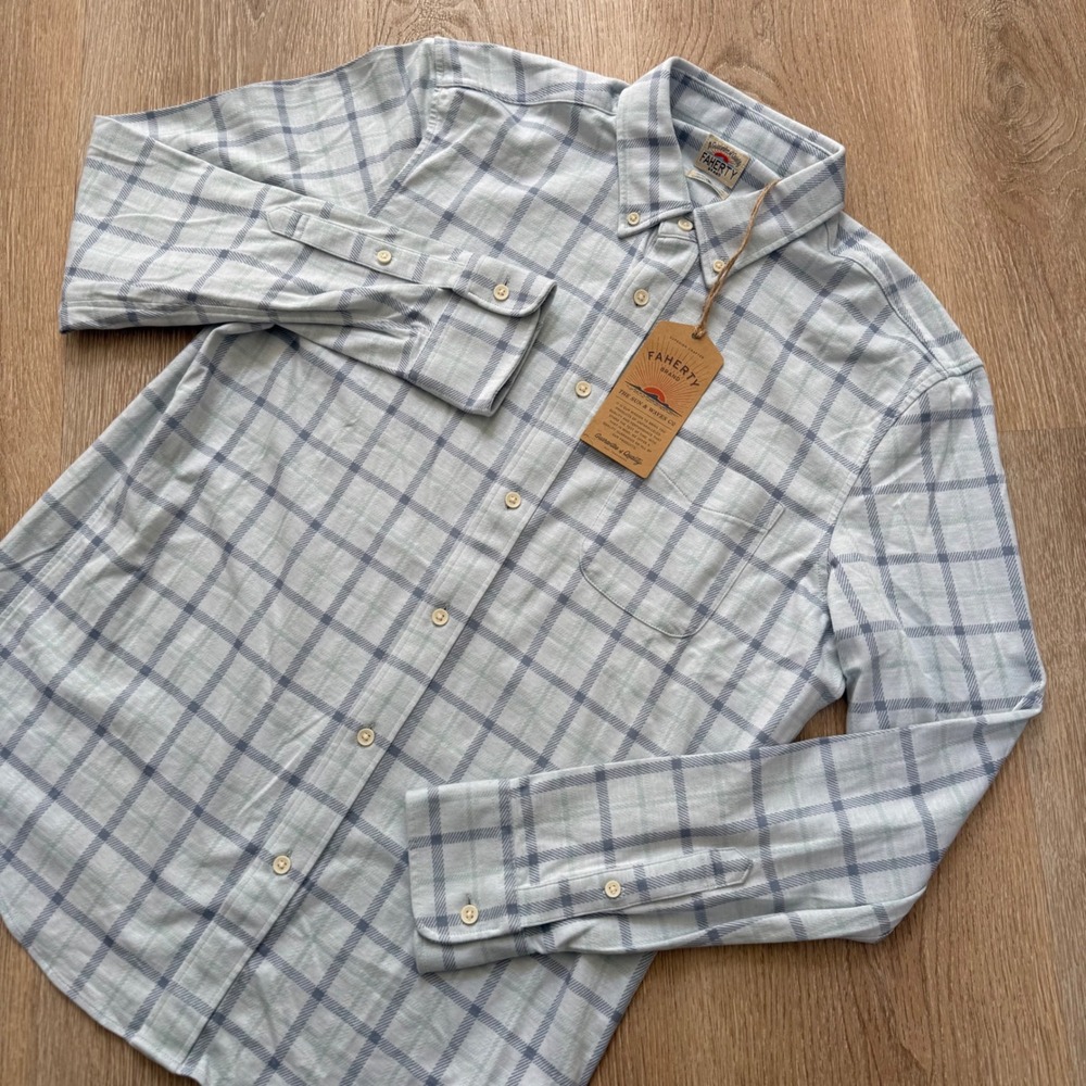 Faherty Coastline Knit Shirt Mens L Hidden Lake Plaid Supima Cotton Blue NWT